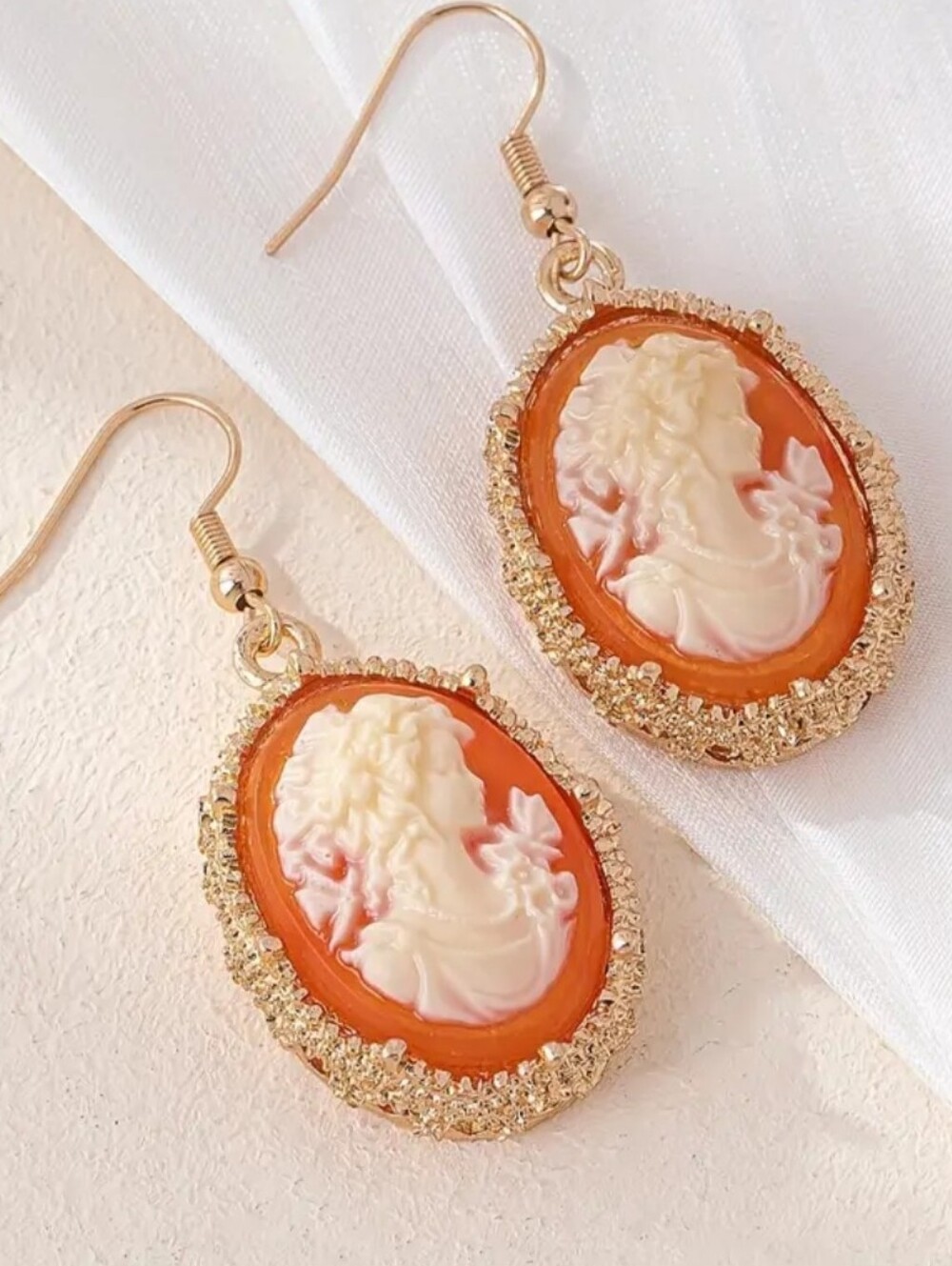 Gold & Orange Cameo Drop Dangle Earrings - Women Jewelry